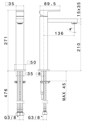 Смеситель для раковины FUTURA однорычажный высокий без донного клапана 3/8, матовый черный