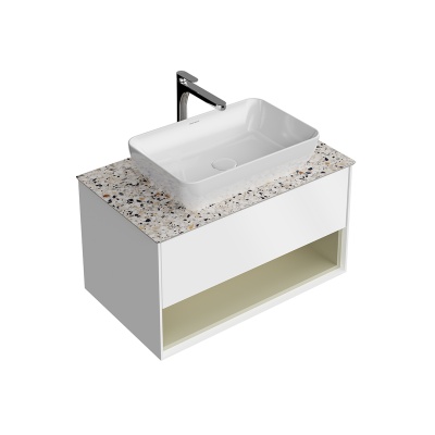 Тумба PLAZA Modern подвесная 80, push, 1 ящик, подсветка, белая матовая+шалфей Тумба PLAZA Modern подвесная 80, push, 1 ящик, подсветка, белая матовая+шалфей