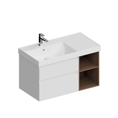 Тумба CUBO левая подвесная с ящиками 90, белая матовая-древесная Тумба CUBO левая подвесная с ящиками 90, белая матовая-древесная