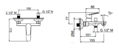 Смеситель для ванны NOTA настенный с дивертором ванна/душ, без лейки, хром Смеситель для ванны NOTA настенный с дивертором ванна/душ, без лейки, хром
