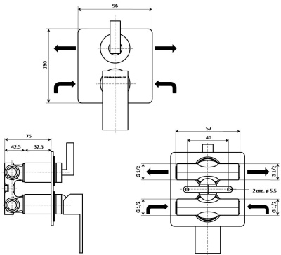 Встраиваемый смеситель FIORETTO для душа с дивертором на два потока, хром Встраиваемый смеситель FIORETTO для душа с дивертором на два потока, хром
